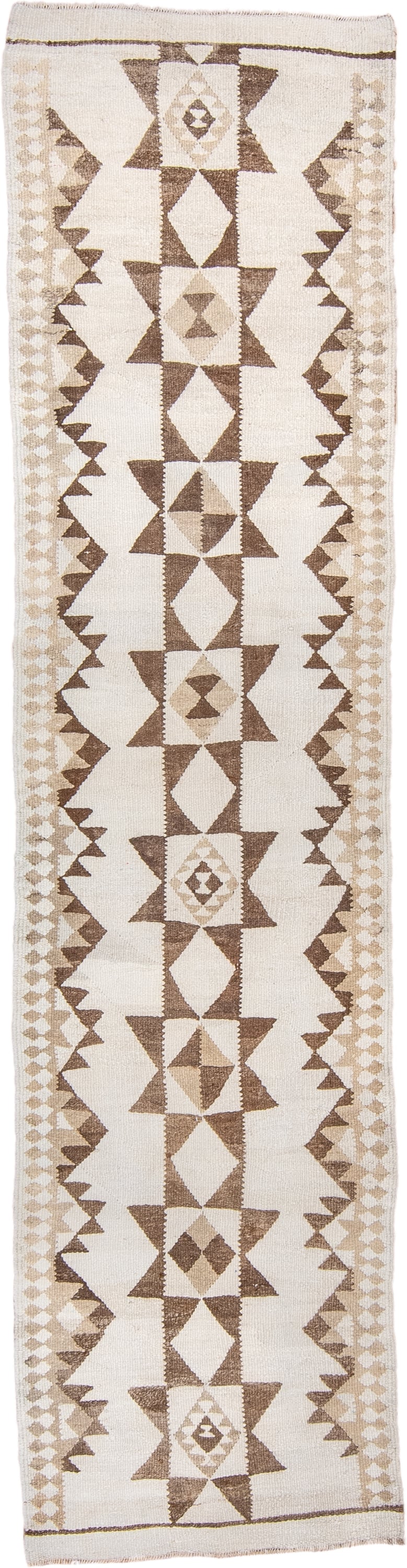 2' x 11' one-of-a-kind handmade antique Kilim runner rug. Color palette: ivory, taupe, camel, beige, gray