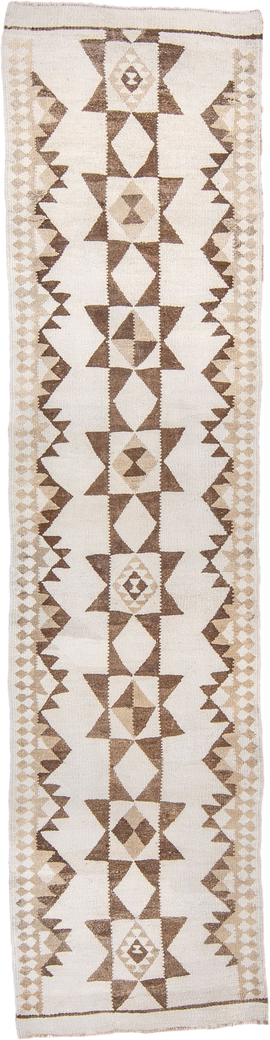 2' x 11' one-of-a-kind handmade antique Kilim runner rug. Color palette: ivory, taupe, camel, beige, gray