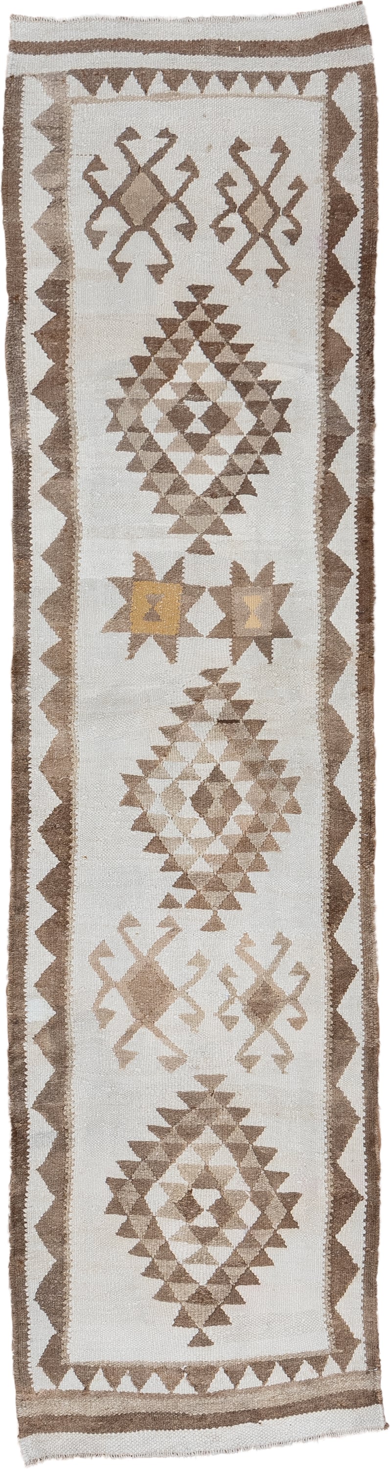 2' x 10' one-of-a-kind handmade antique Kilim runner rug. Color palette: ivory, taupe, camel, beige, sand, gold, gray