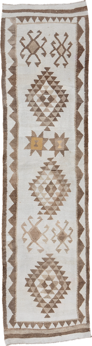 2' x 10' one-of-a-kind handmade antique Kilim runner rug. Color palette: ivory, taupe, camel, beige, sand, gold, gray