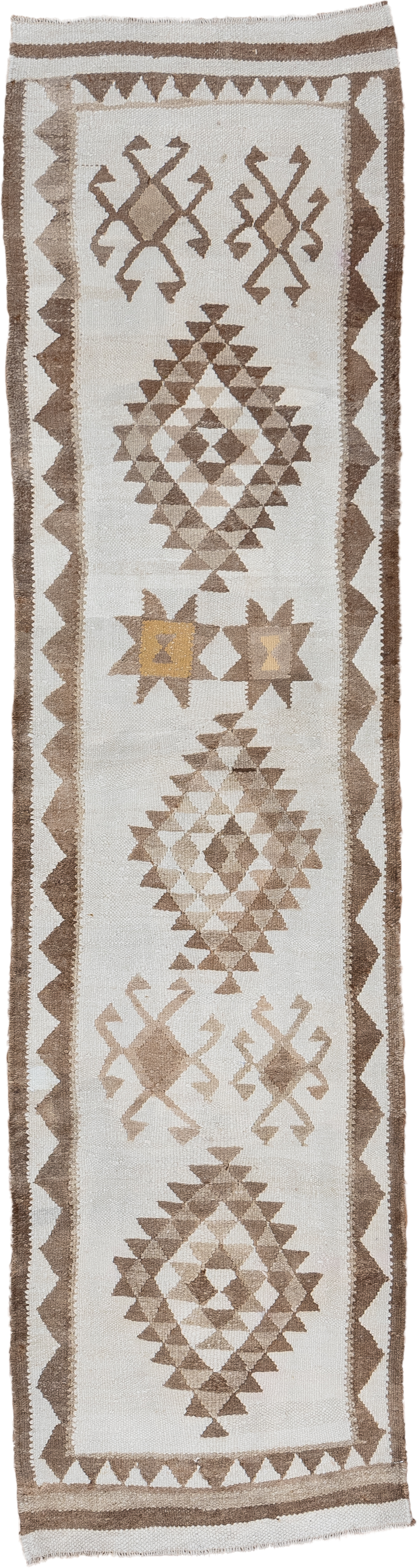 2' x 10' one-of-a-kind handmade antique Kilim runner rug. Color palette: ivory, taupe, camel, beige, sand, gold, gray