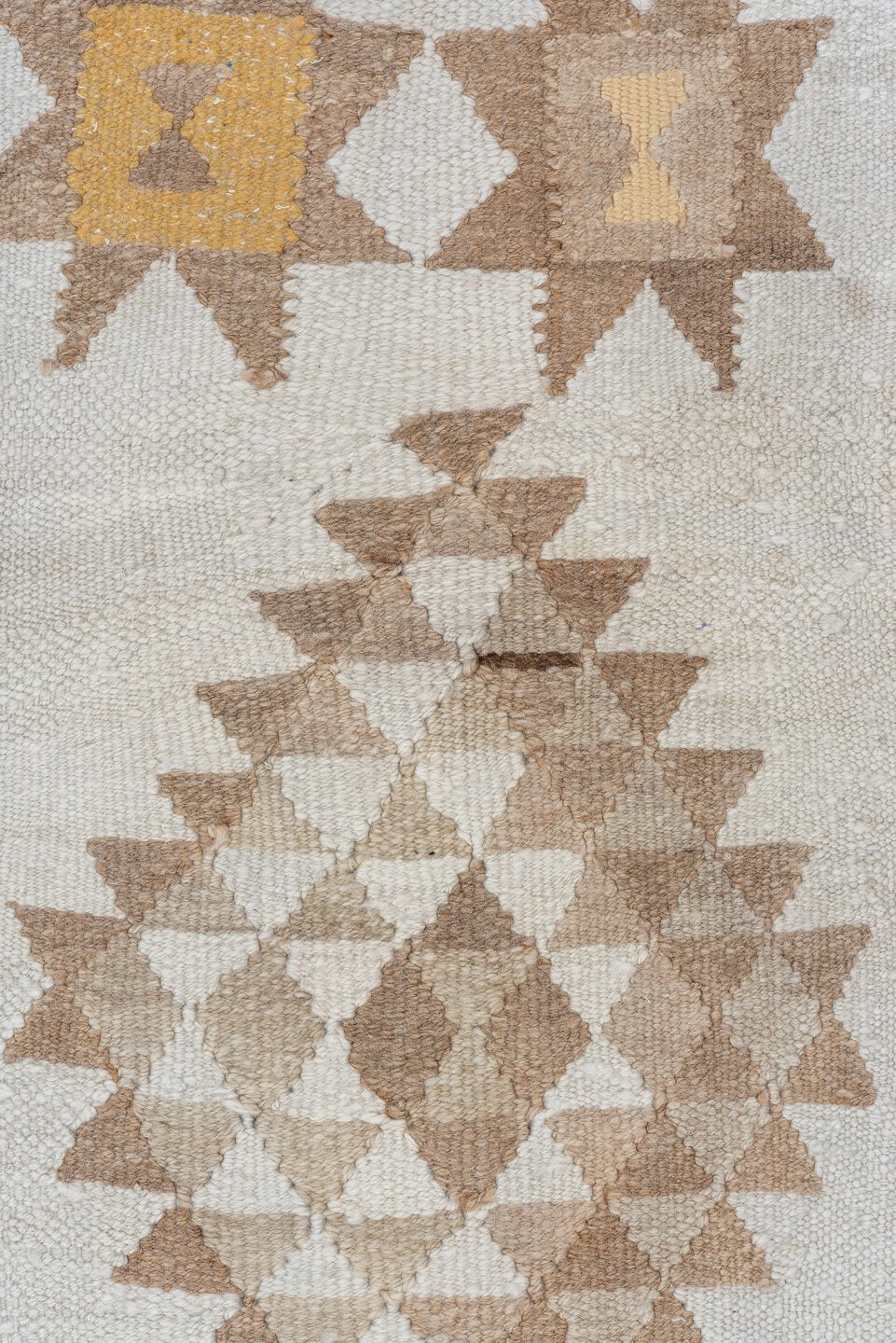 2' x 10' one-of-a-kind handmade antique Kilim runner rug. Color palette: ivory, taupe, camel, beige, sand, gold, gray