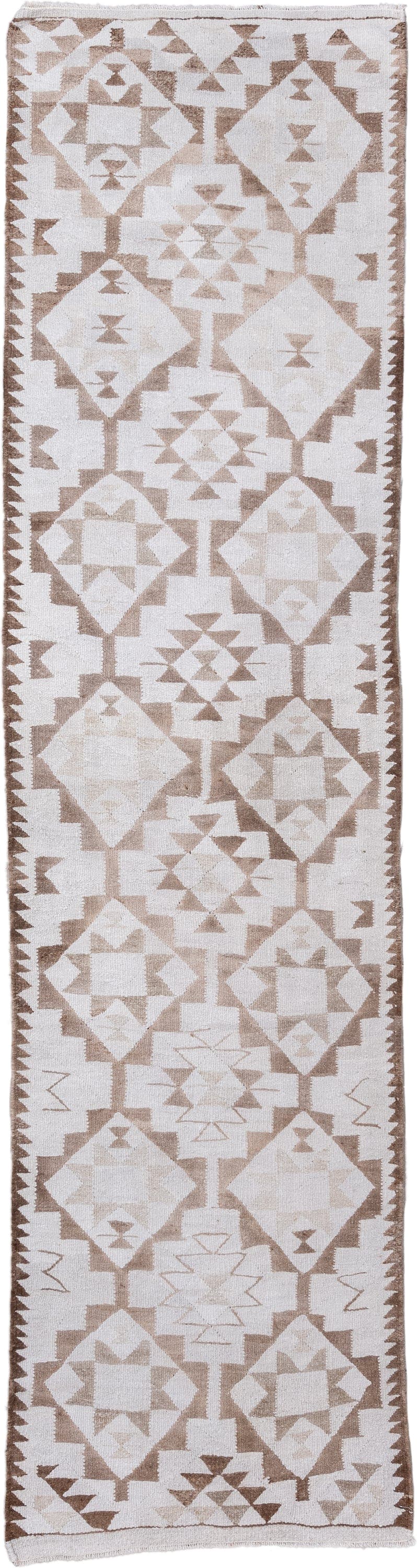 3' x 11' one-of-a-kind handmade antique Kilim runner rug. Color palette: ivory, taupe, camel, beige, gray