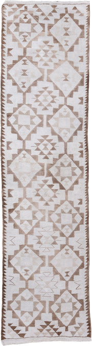 3' x 11' one-of-a-kind handmade antique Kilim runner rug. Color palette: ivory, taupe, camel, beige, gray