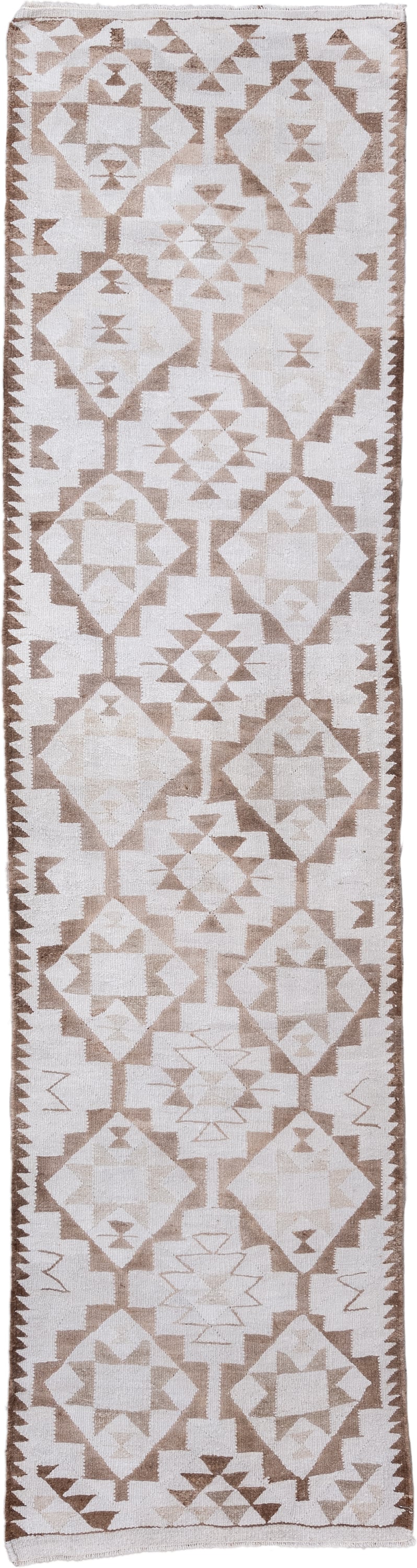 3' x 11' one-of-a-kind handmade antique Kilim runner rug. Color palette: ivory, taupe, camel, beige, gray