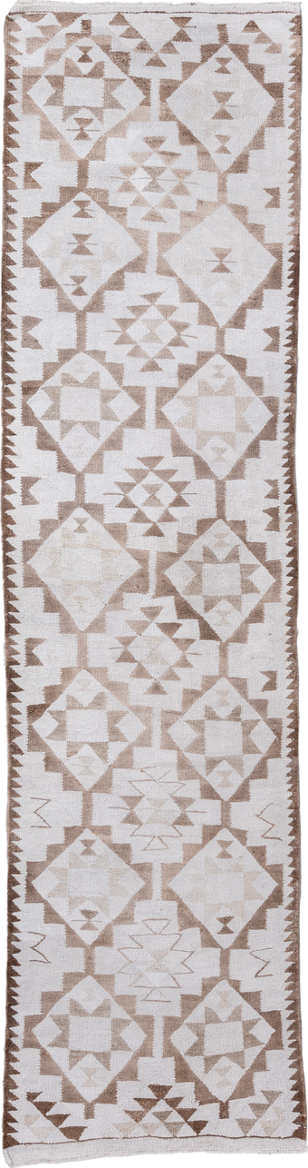 3' x 11' one-of-a-kind handmade antique Kilim runner rug. Color palette: ivory, taupe, camel, beige, gray