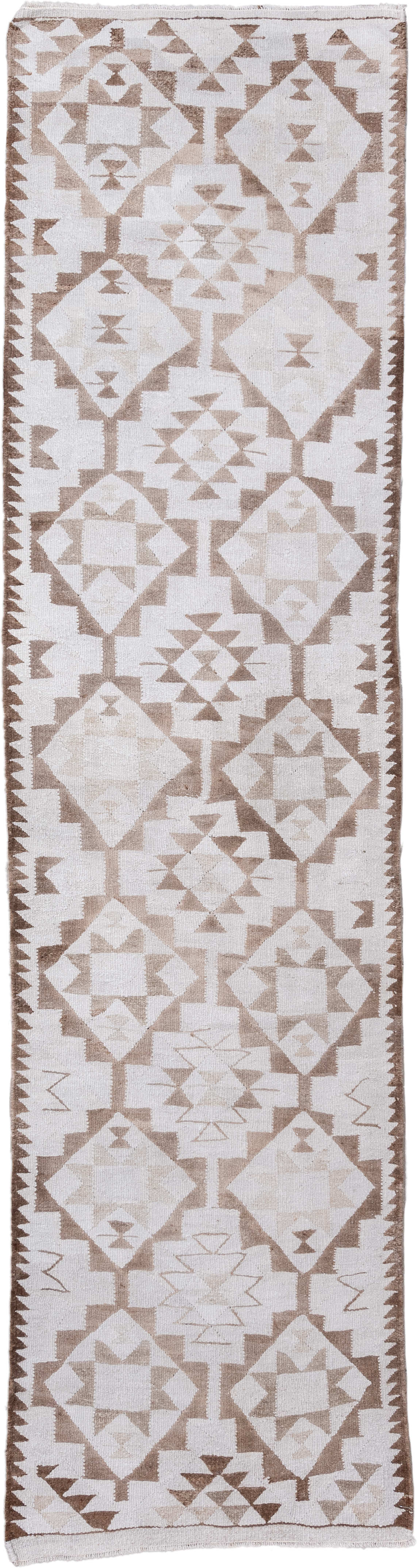 3' x 11' one-of-a-kind handmade antique Kilim runner rug. Color palette: ivory, taupe, camel, beige, gray