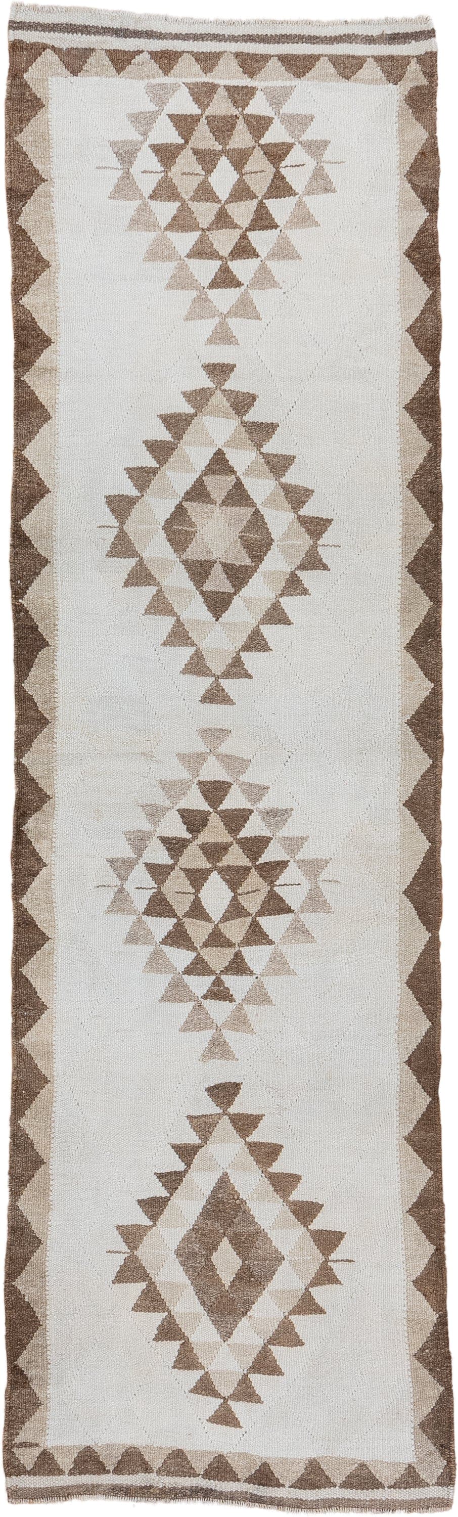 3' x 10' one-of-a-kind handmade antique Kilim runner rug. Color palette: ivory, taupe, brown, cream, beige, gray