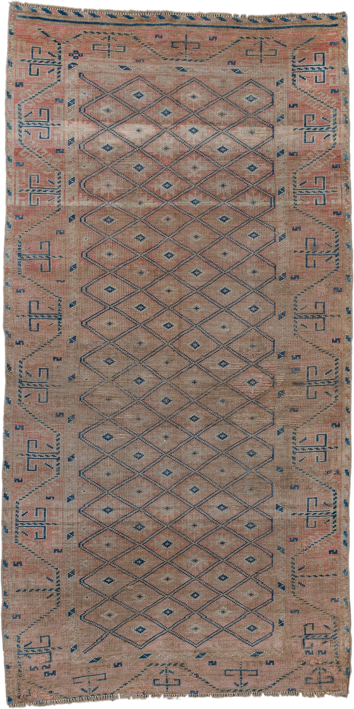 3' x 6' one-of-a-kind handmade vintage Oushak small size rug. Color palette: taupe, blush, denim, ivory, dusty rose, beige