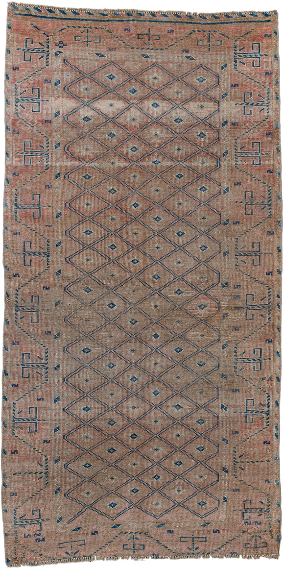 3' x 6' one-of-a-kind handmade vintage Oushak small size rug. Color palette: taupe, blush, denim, ivory, dusty rose, beige