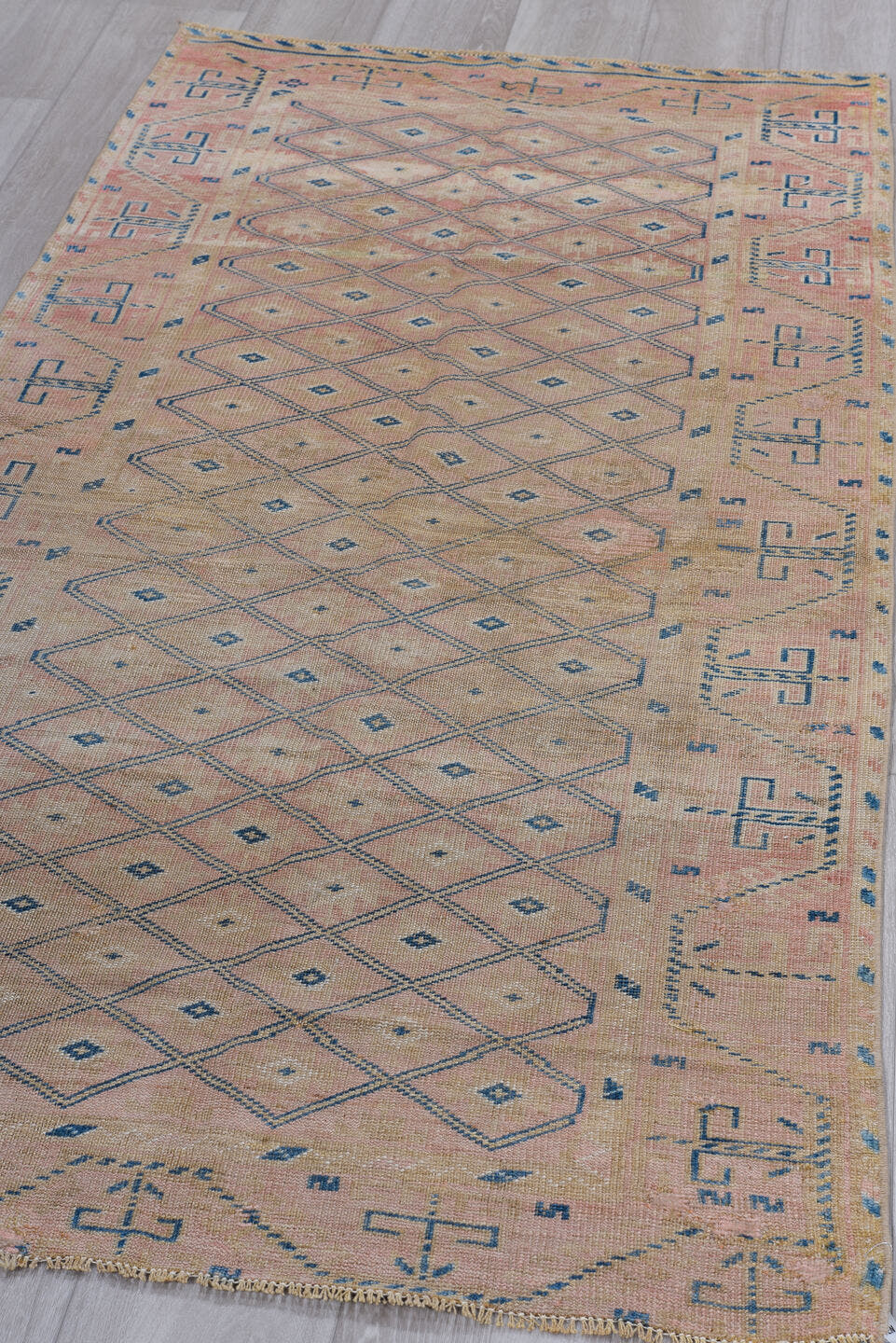 3' x 6' one-of-a-kind handmade vintage Oushak small size rug. Color palette: taupe, blush, denim, ivory, dusty rose, beige