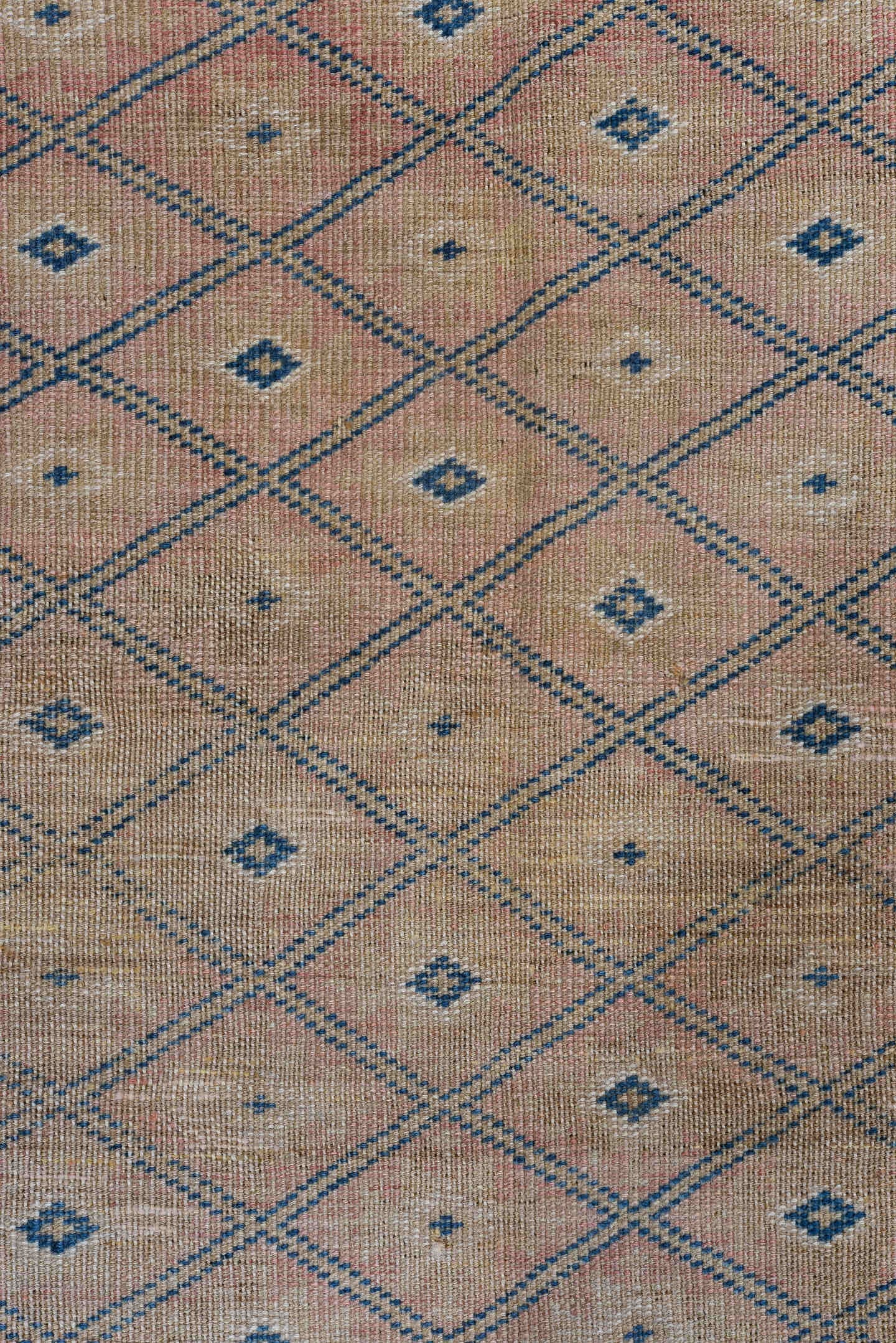 3' x 6' one-of-a-kind handmade vintage Oushak small size rug. Color palette: taupe, blush, denim, ivory, dusty rose, beige