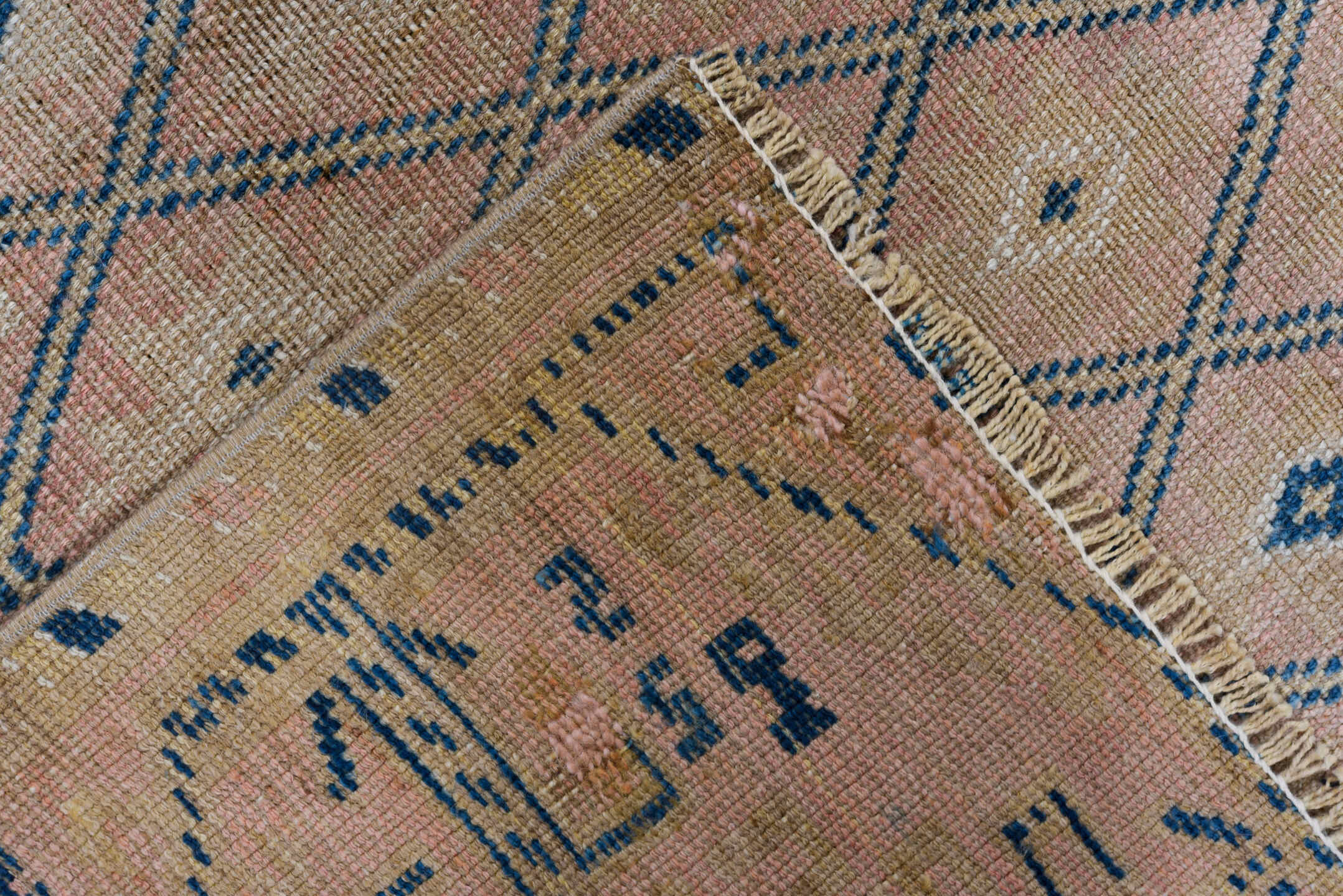 3' x 6' one-of-a-kind handmade vintage Oushak small size rug. Color palette: taupe, blush, denim, ivory, dusty rose, beige