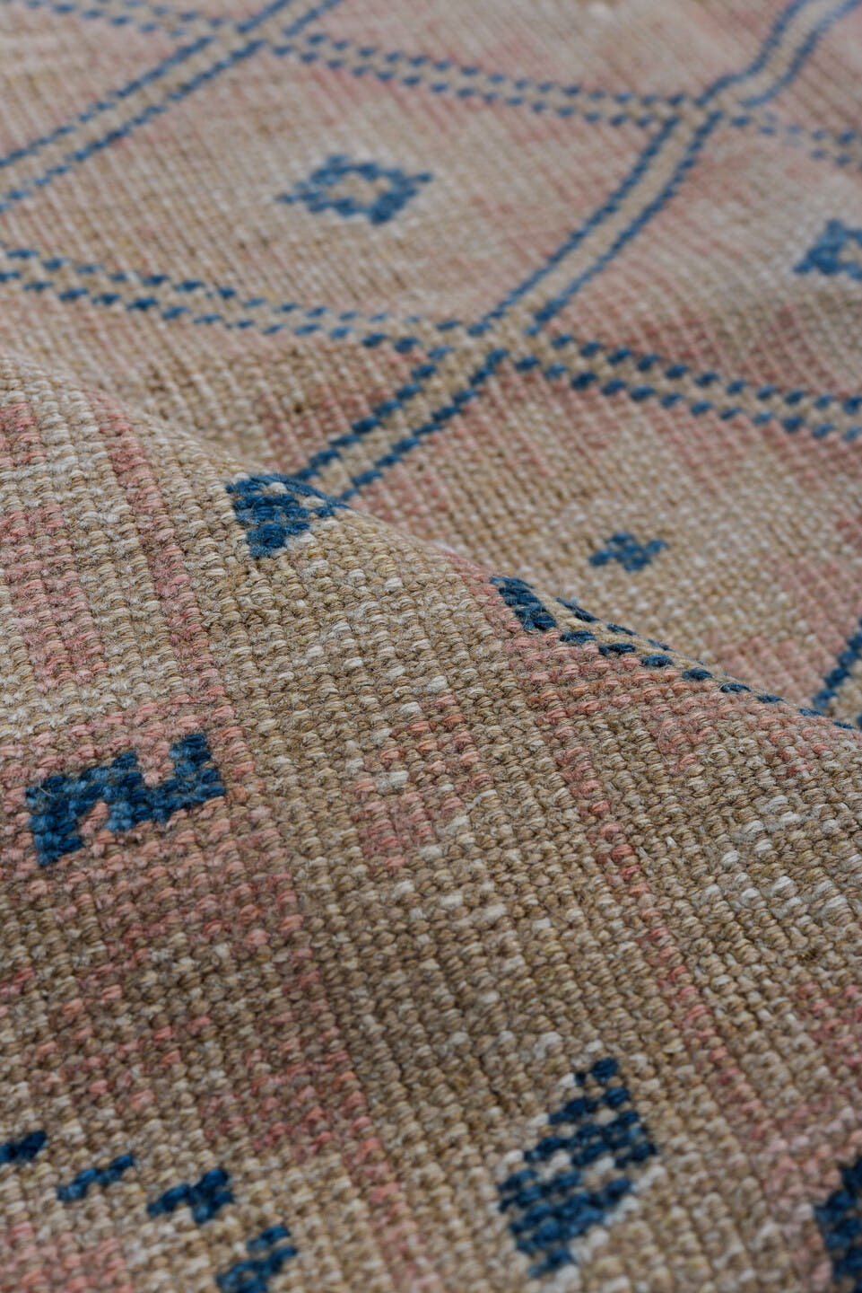 3' x 6' one-of-a-kind handmade vintage Oushak small size rug. Color palette: taupe, blush, denim, ivory, dusty rose, beige