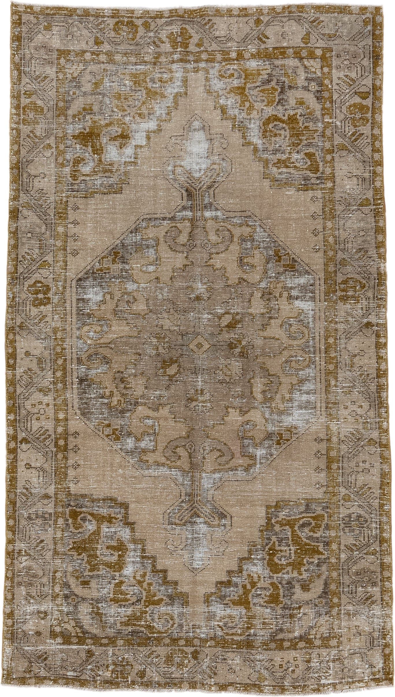 4' x 7' one-of-a-kind handmade vintage Oushak rug. Color palette: beige, taupe, gold, ivory, camel, brown, gray