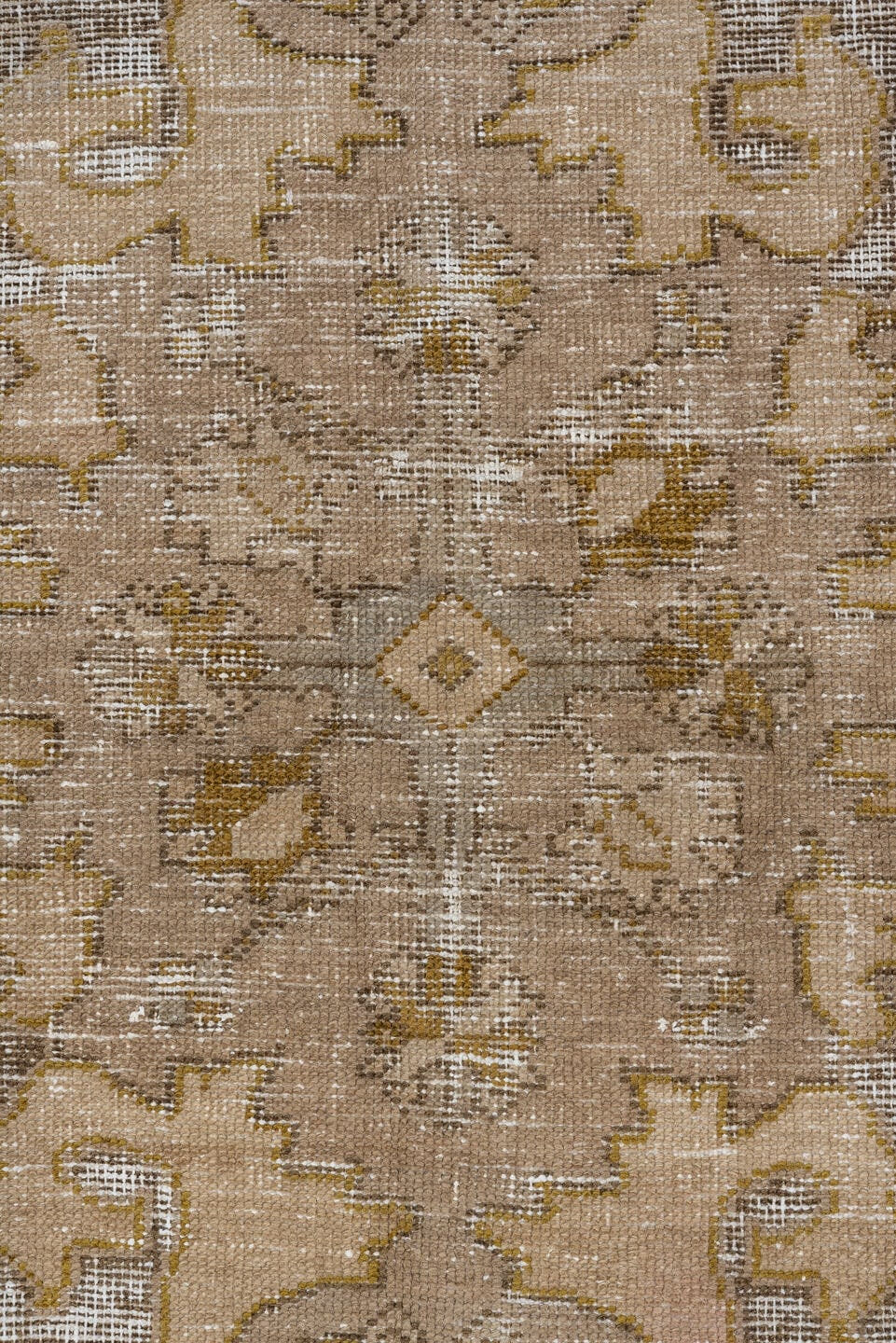 4' x 7' one-of-a-kind handmade vintage Oushak rug. Color palette: beige, taupe, gold, ivory, camel, brown, gray