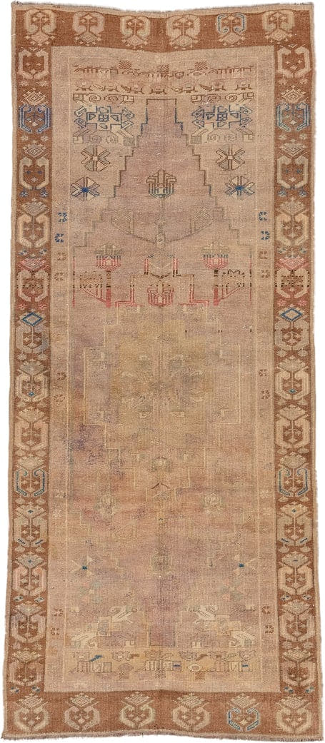 3' x 7' one-of-a-kind handmade vintage Oushak runner rug. Color palette: beige, camel, taupe, ivory, faded blue, rose, tan