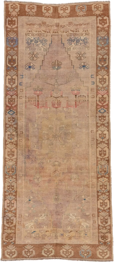 3' x 7' one-of-a-kind handmade vintage Oushak runner rug. Color palette: beige, camel, taupe, ivory, faded blue, rose, tan