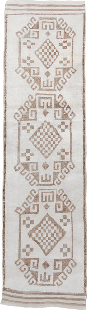 3' x 11' one-of-a-kind handmade vintage Kars runner rug. Color palette: ivory, taupe, beige, camel, gray