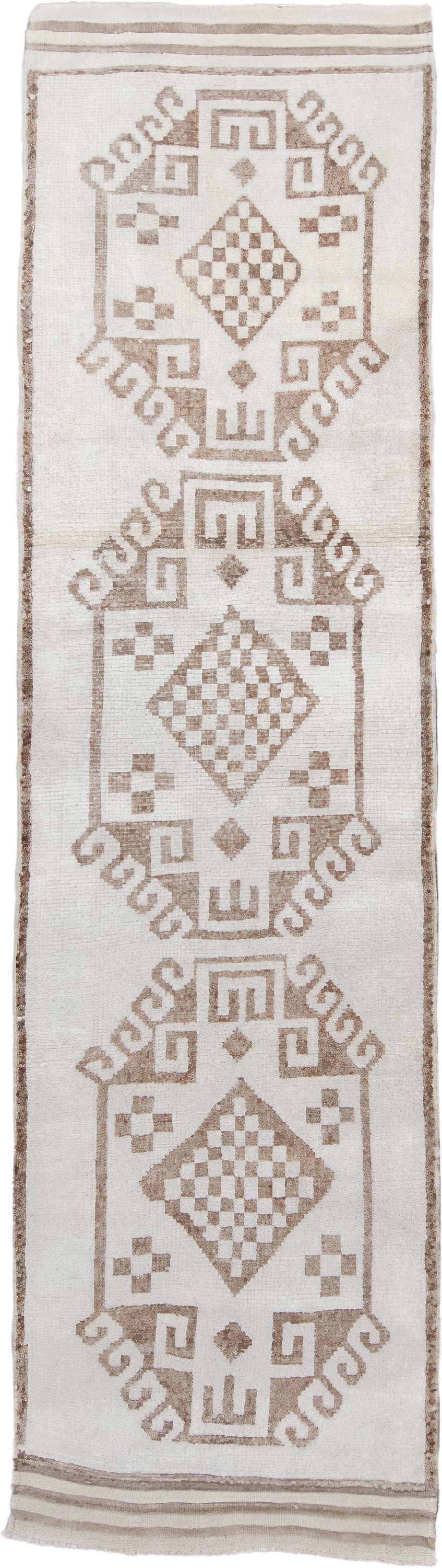 3' x 11' one-of-a-kind handmade vintage Kars runner rug. Color palette: ivory, taupe, beige, camel, gray