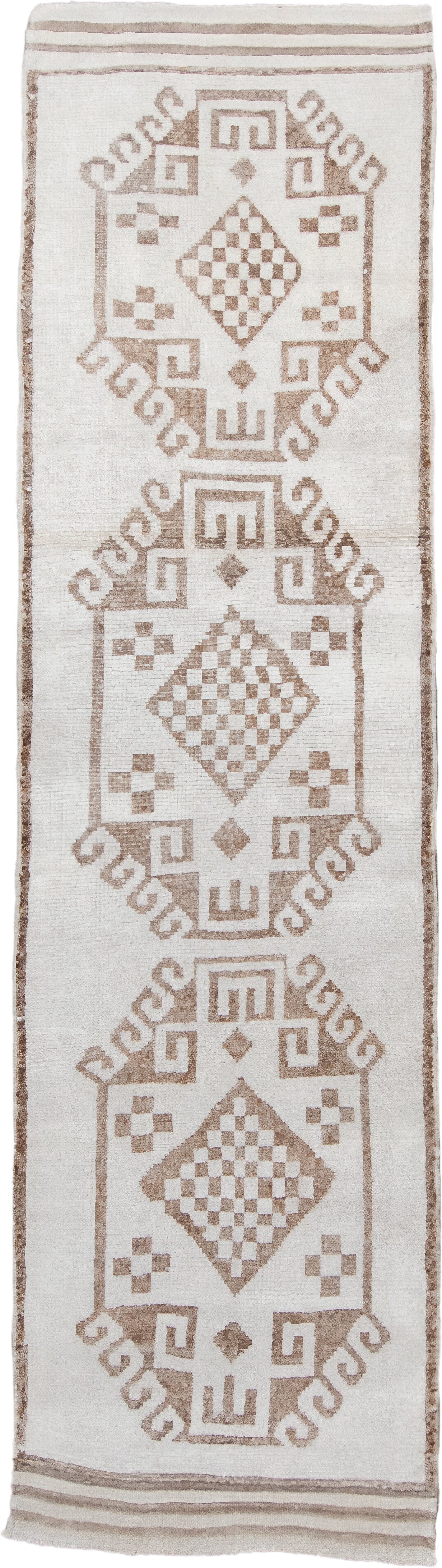 3' x 11' one-of-a-kind handmade vintage Kars runner rug. Color palette: ivory, taupe, beige, camel, gray