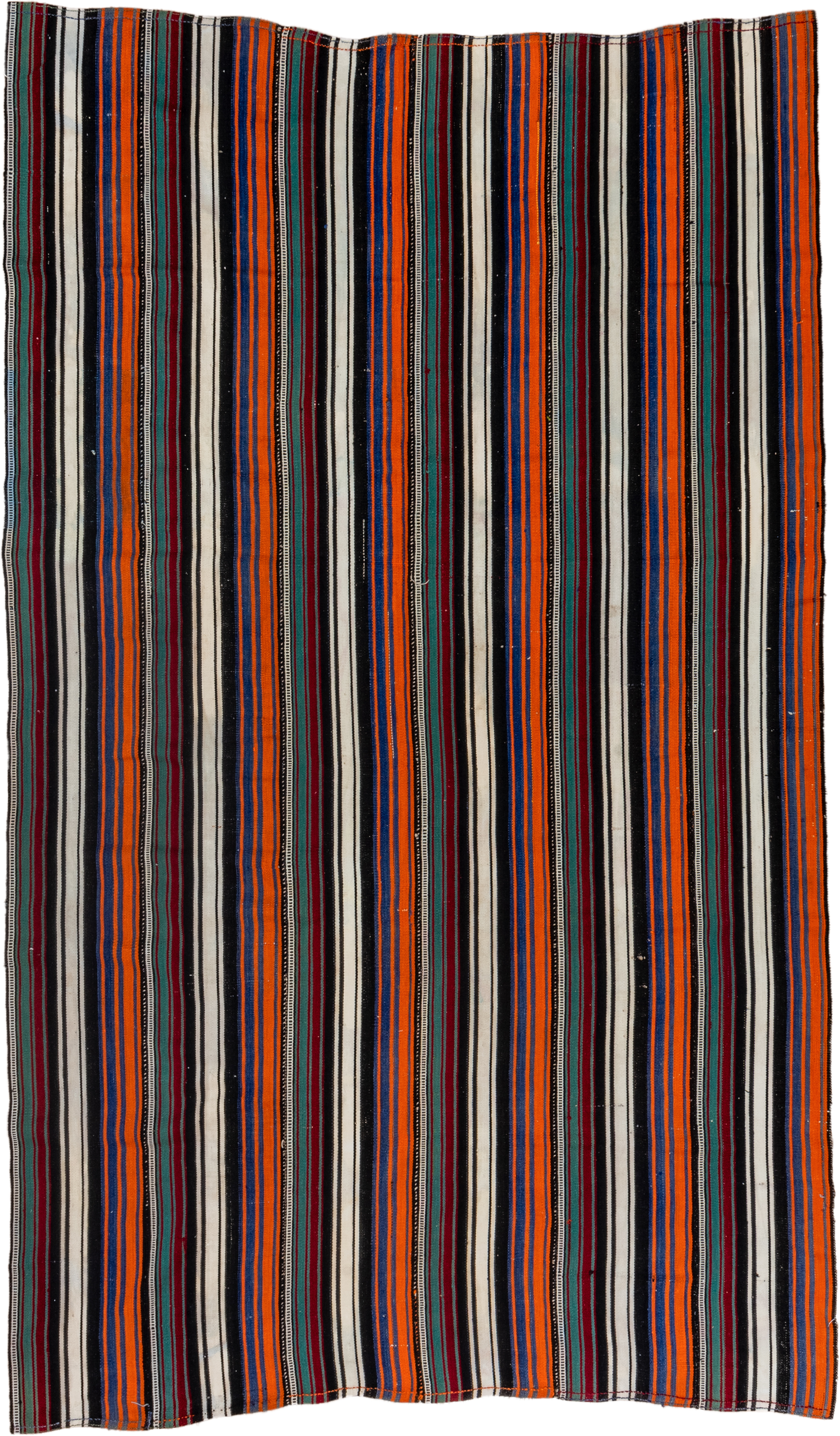 5' x 9' one-of-a-kind handmade vintage Flatweave medium size rug. Color palette: ivory, orange, black, navy, burgundy, teal