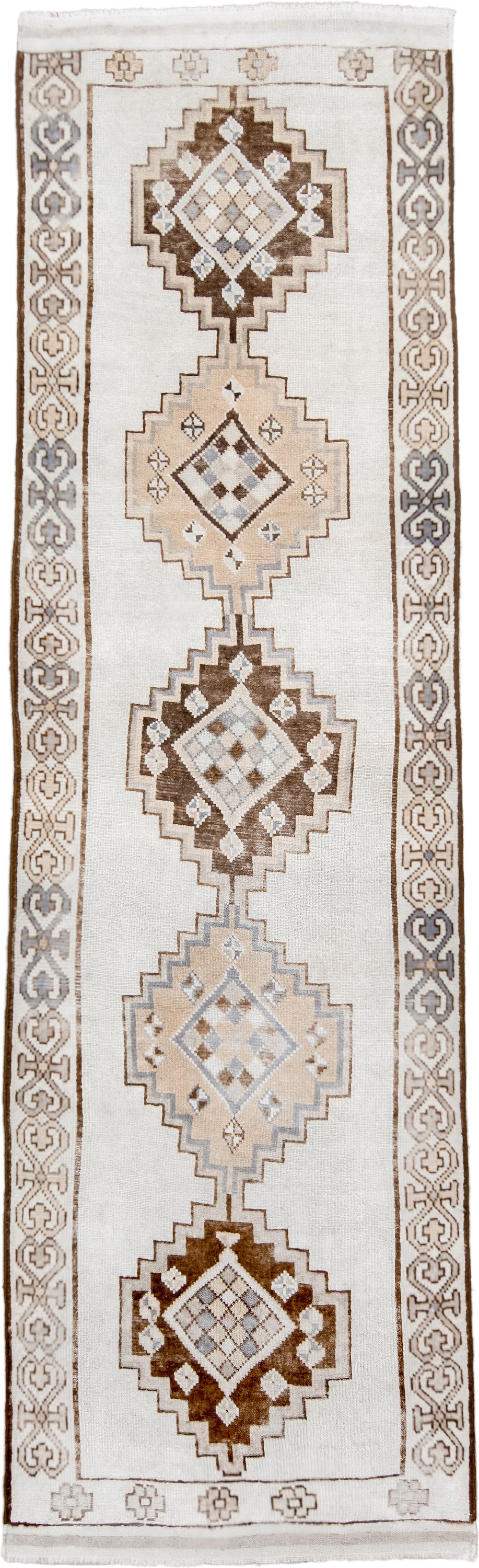 3' x 13' one-of-a-kind handmade vintage Kars runner rug. Color palette: ivory, taupe, brown, camel, pale blue, beige, gray