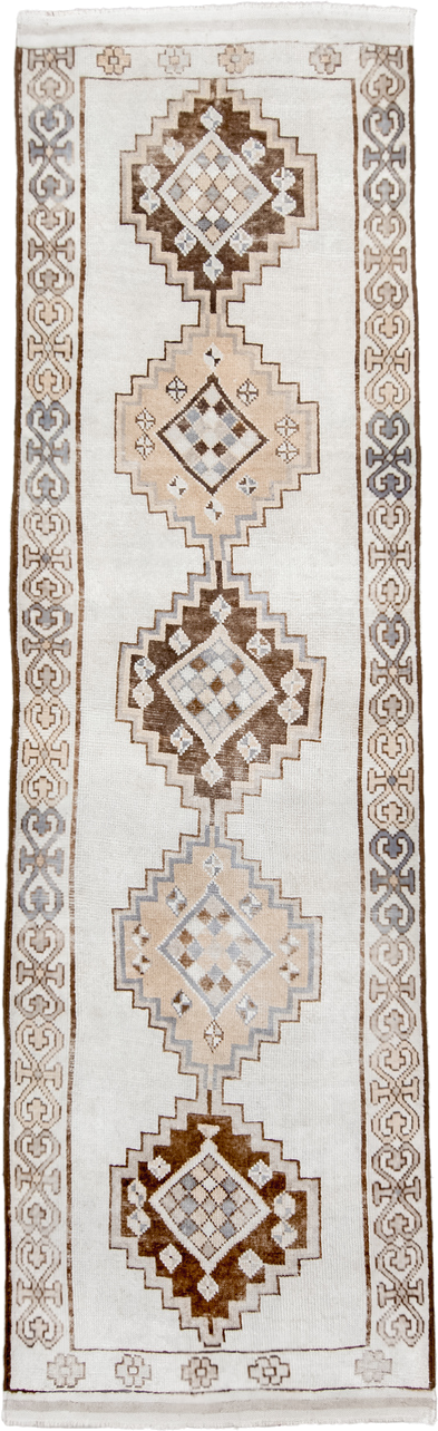 3' x 13' one-of-a-kind handmade vintage Kars runner rug. Color palette: ivory, taupe, brown, camel, pale blue, beige, gray