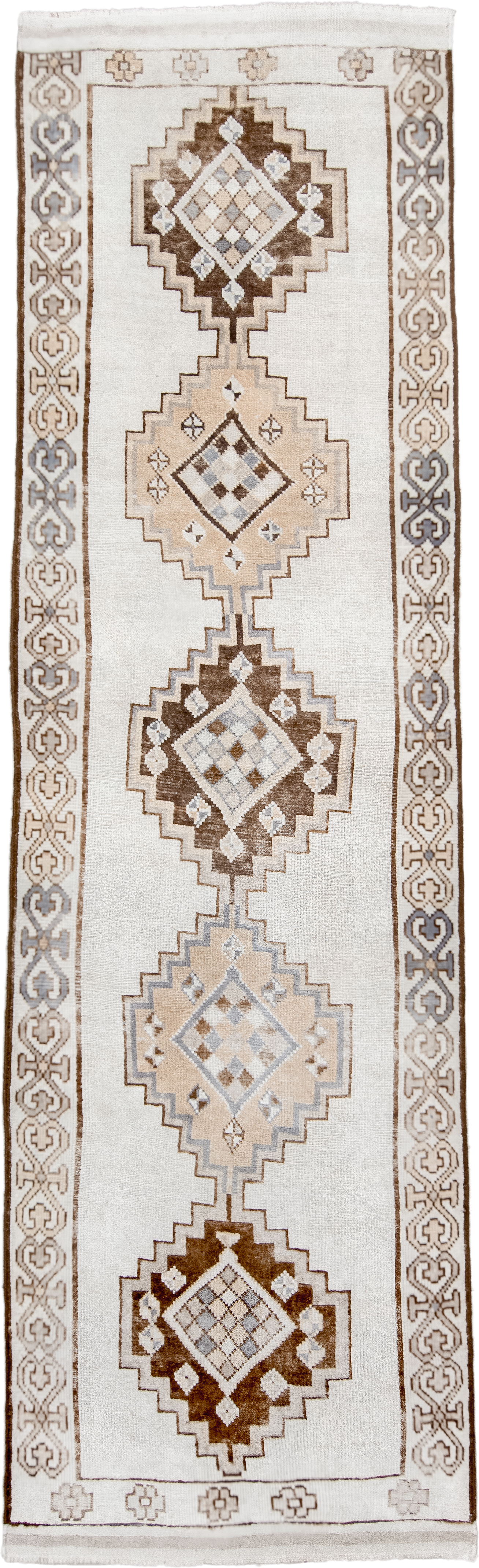 3' x 13' one-of-a-kind handmade vintage Kars runner rug. Color palette: ivory, taupe, brown, camel, pale blue, beige, gray