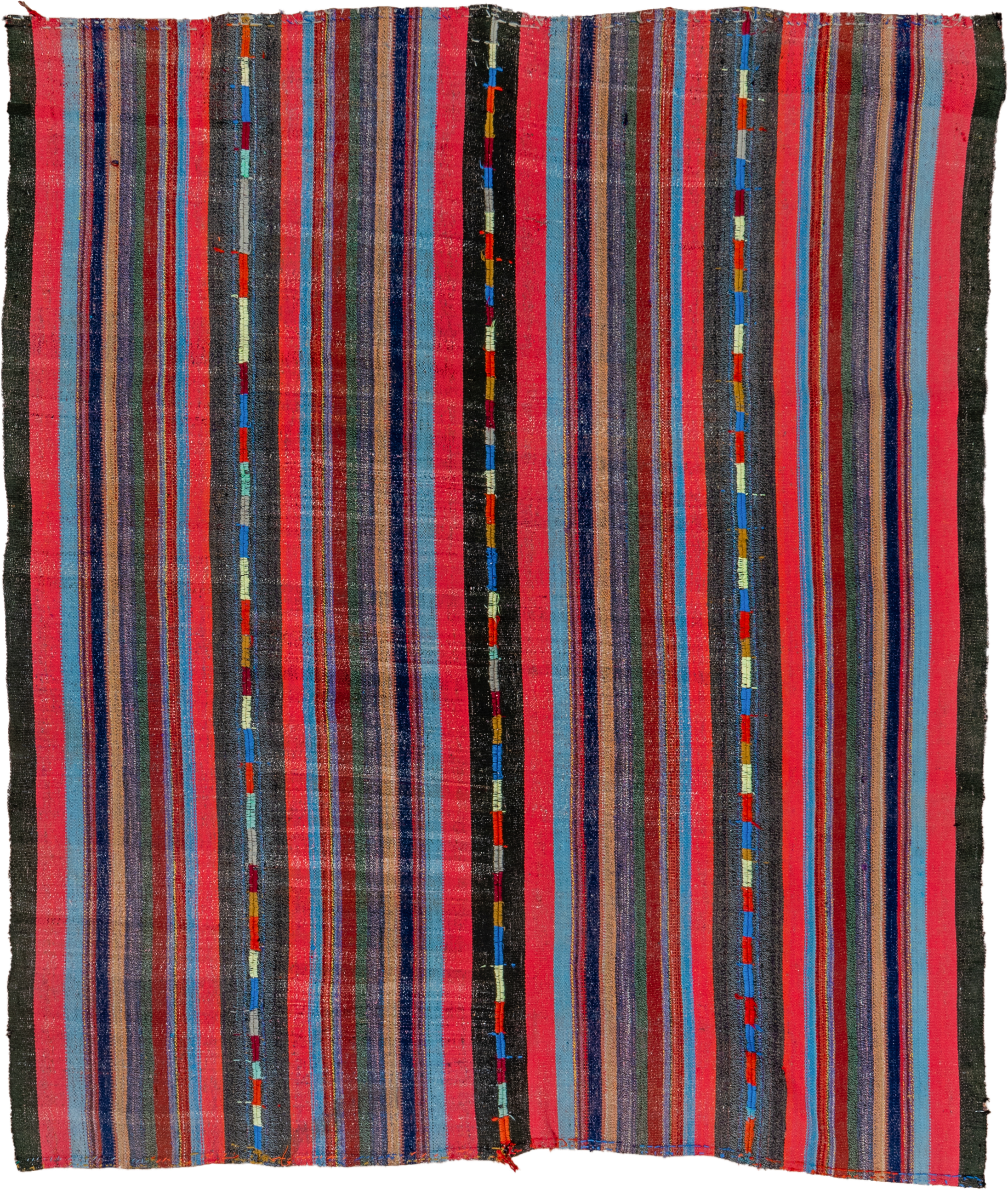 6' x 8' one-of-a-kind handmade vintage Kilim medium size rug. Color palette: crimson, charcoal, sky_blue, navy, rose, slate