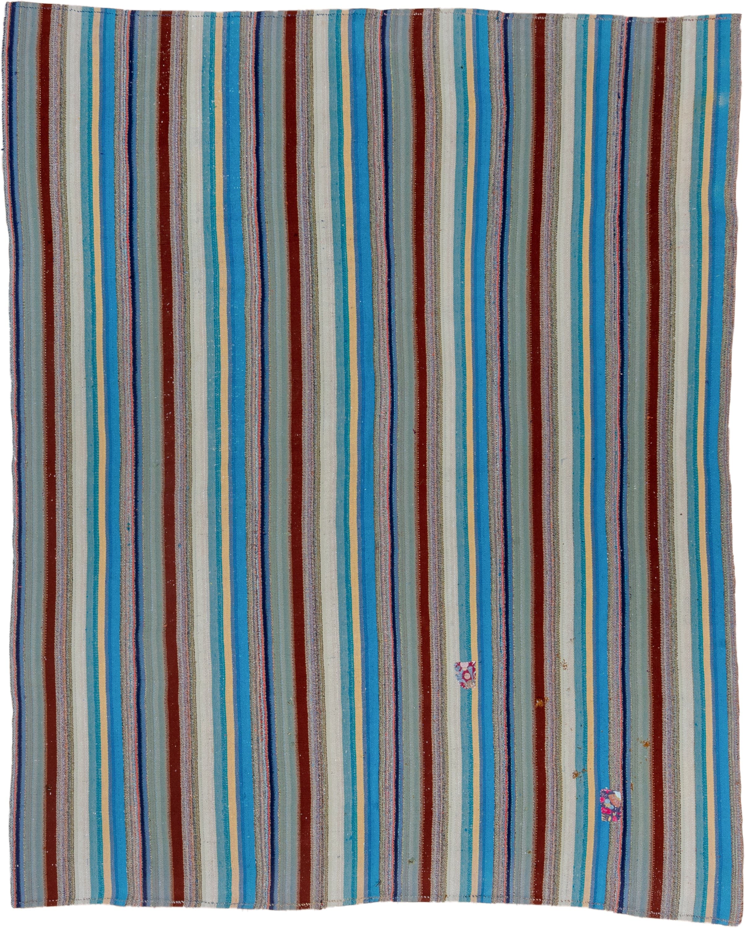 6' x 7' one-of-a-kind handmade vintage Flatweave rug. Color palette: turquoise, ivory, sky blue, rust, gray, navy, teal