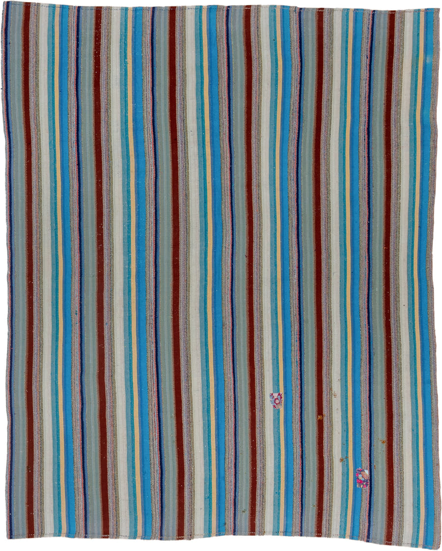 6' x 7' one-of-a-kind handmade vintage Flatweave rug. Color palette: turquoise, ivory, sky blue, rust, gray, navy, teal