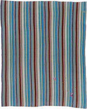 6' x 7' one-of-a-kind handmade vintage Flatweave rug. Color palette: turquoise, ivory, sky blue, rust, gray, navy, teal