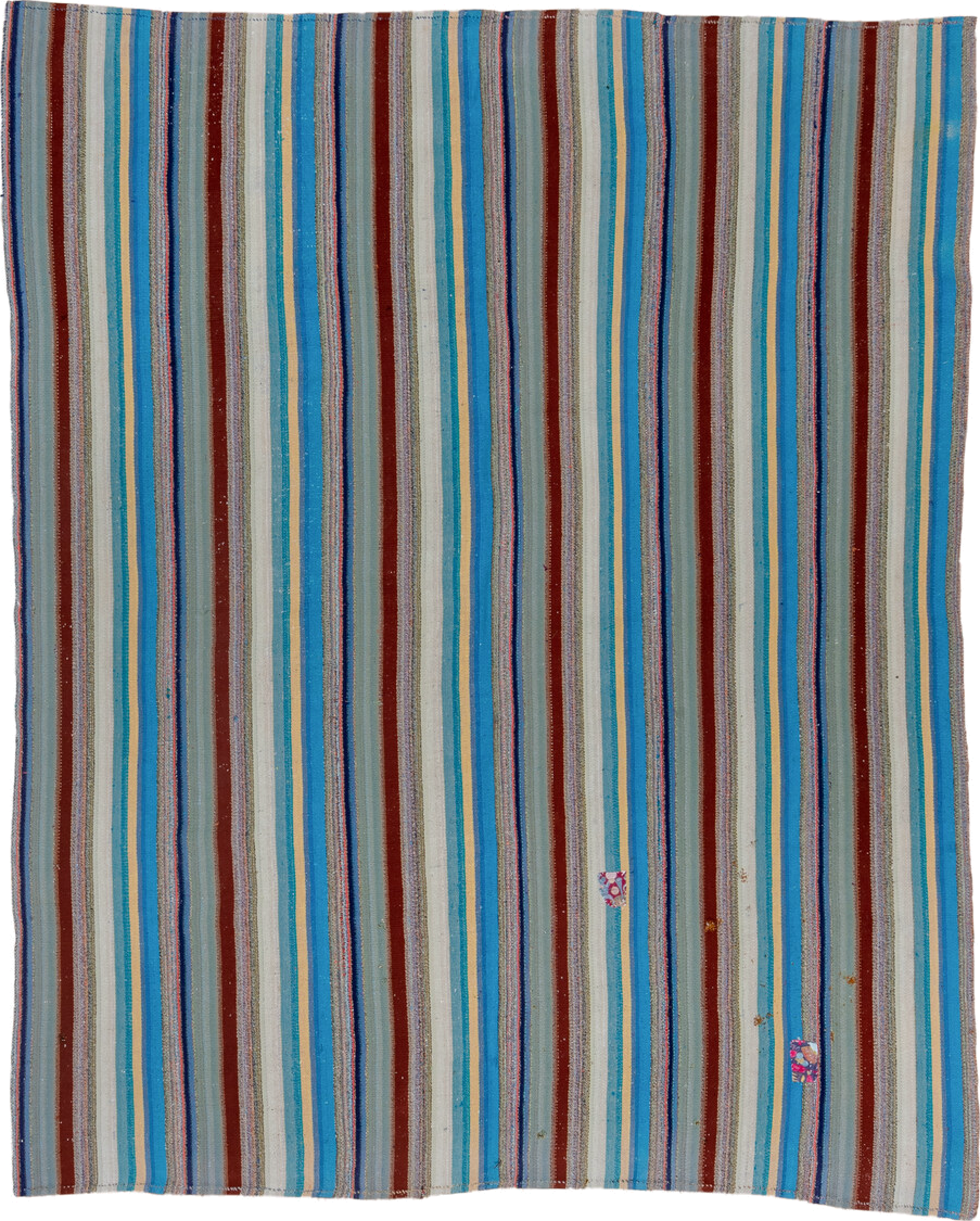 6' x 7' one-of-a-kind handmade vintage Flatweave rug. Color palette: turquoise, ivory, sky blue, rust, gray, navy, teal