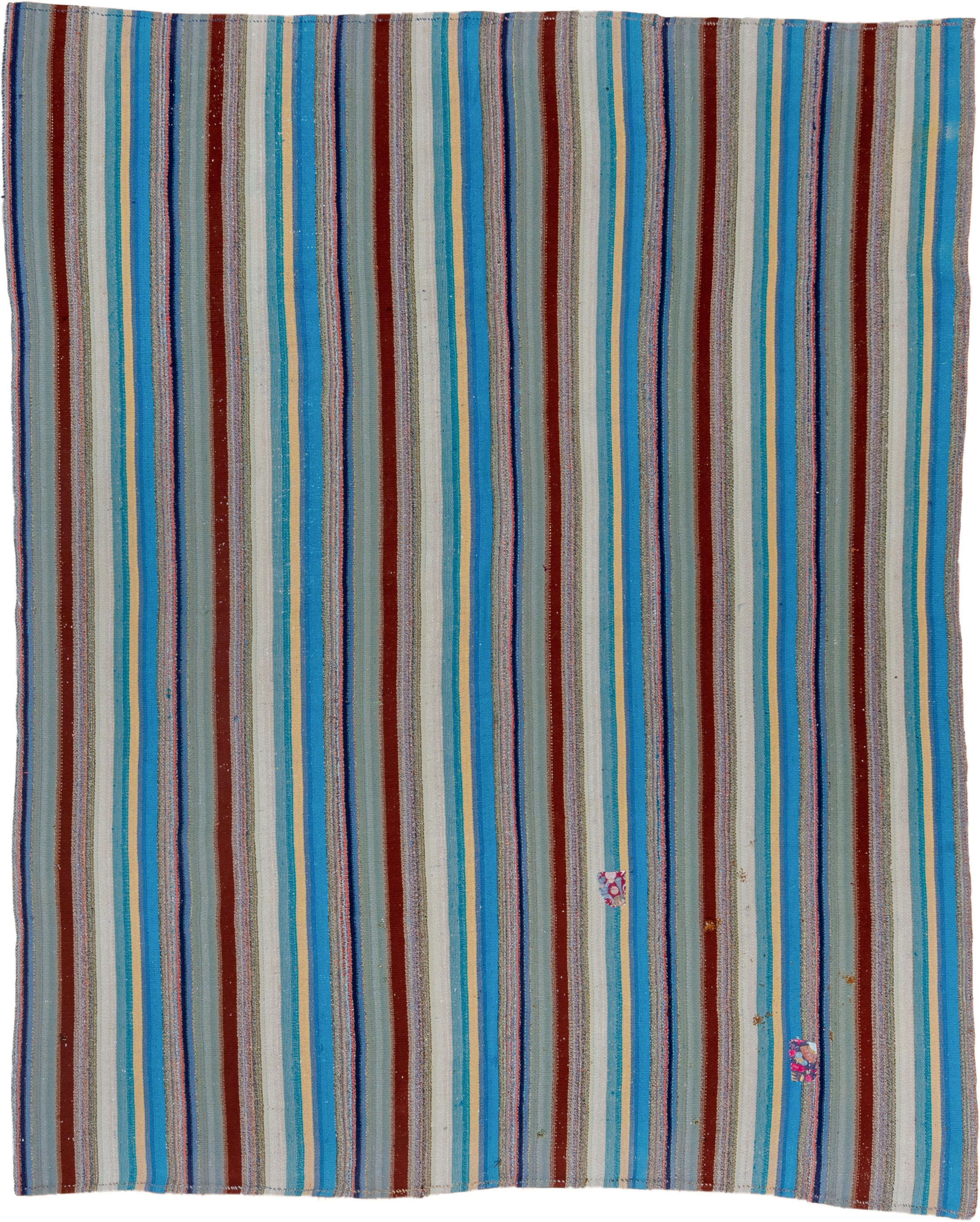 6' x 7' one-of-a-kind handmade vintage Flatweave rug. Color palette: turquoise, ivory, sky blue, rust, gray, navy, teal