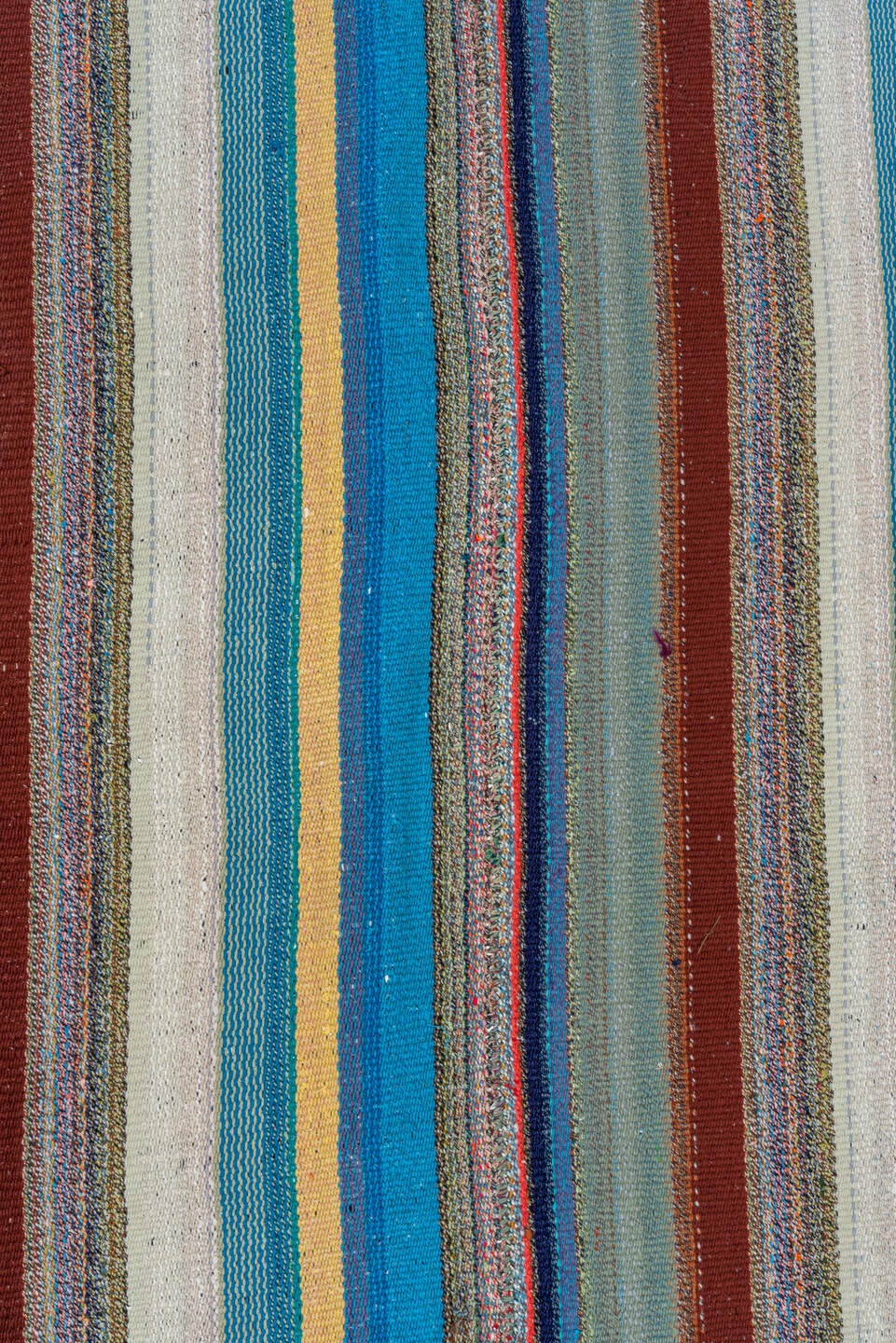 6' x 7' one-of-a-kind handmade vintage Flatweave rug. Color palette: turquoise, ivory, sky blue, rust, gray, navy, teal