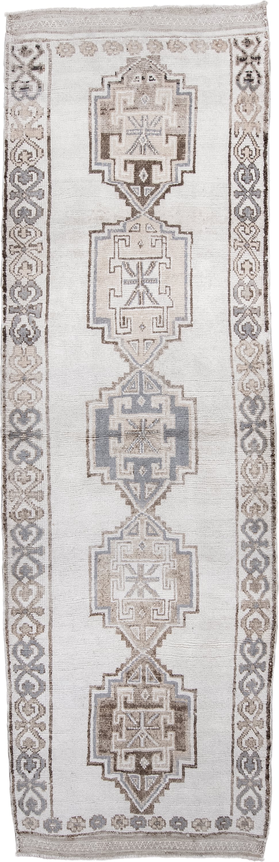 4' x 12' one-of-a-kind handmade vintage Kars runner rug. Color palette: ivory, taupe, brown, gray, beige