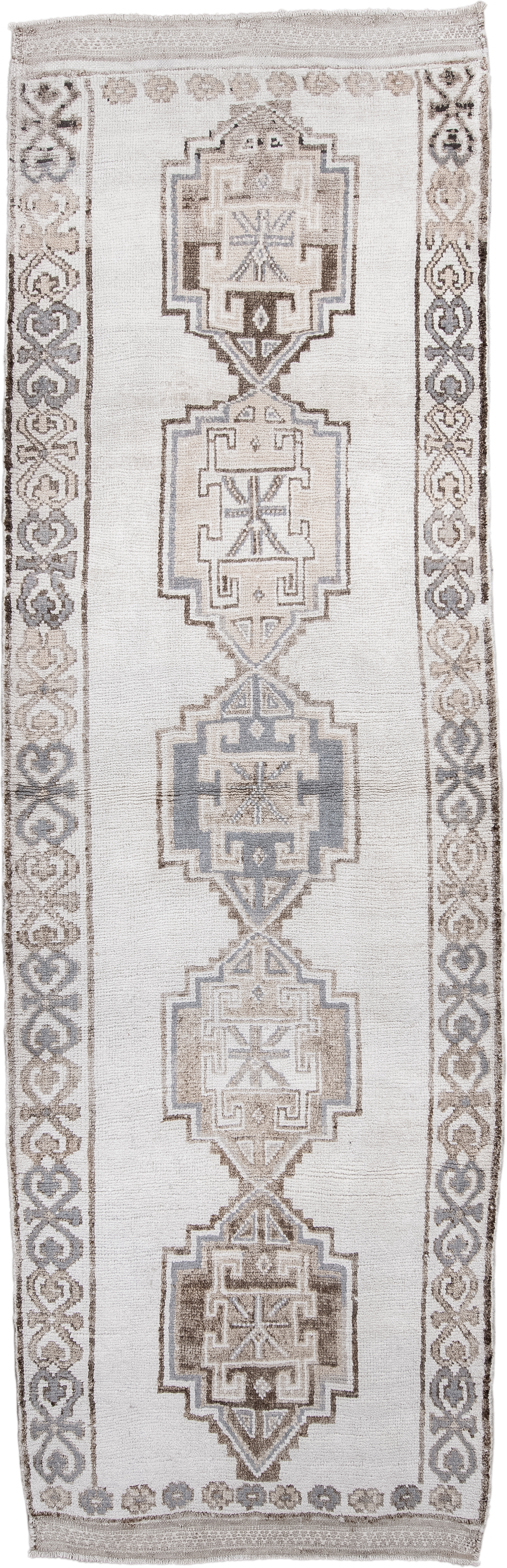 4' x 12' one-of-a-kind handmade vintage Kars runner rug. Color palette: ivory, taupe, brown, gray, beige
