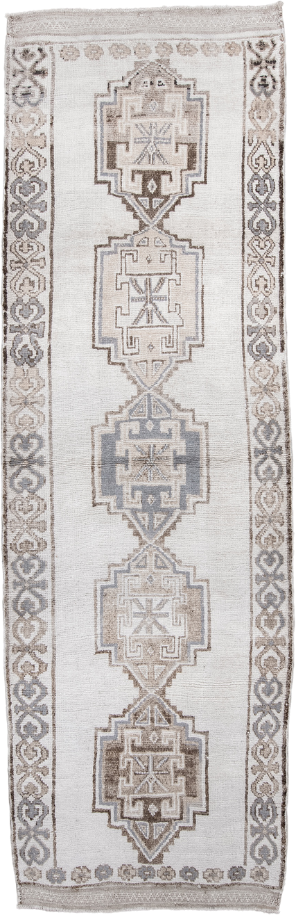 4' x 12' one-of-a-kind handmade vintage Kars runner rug. Color palette: ivory, taupe, brown, gray, beige