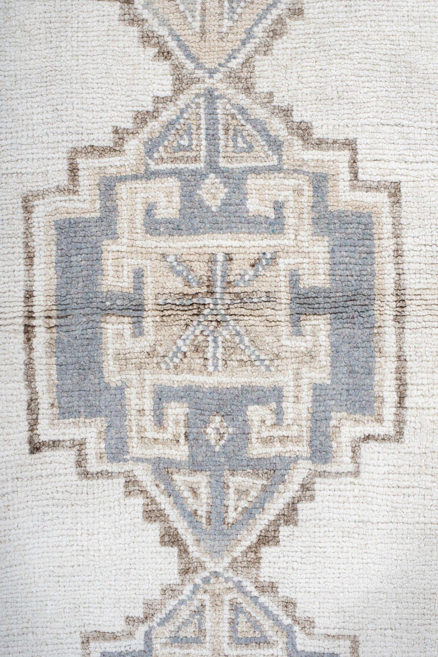 4' x 12' one-of-a-kind handmade vintage Kars runner rug. Color palette: ivory, taupe, brown, gray, beige