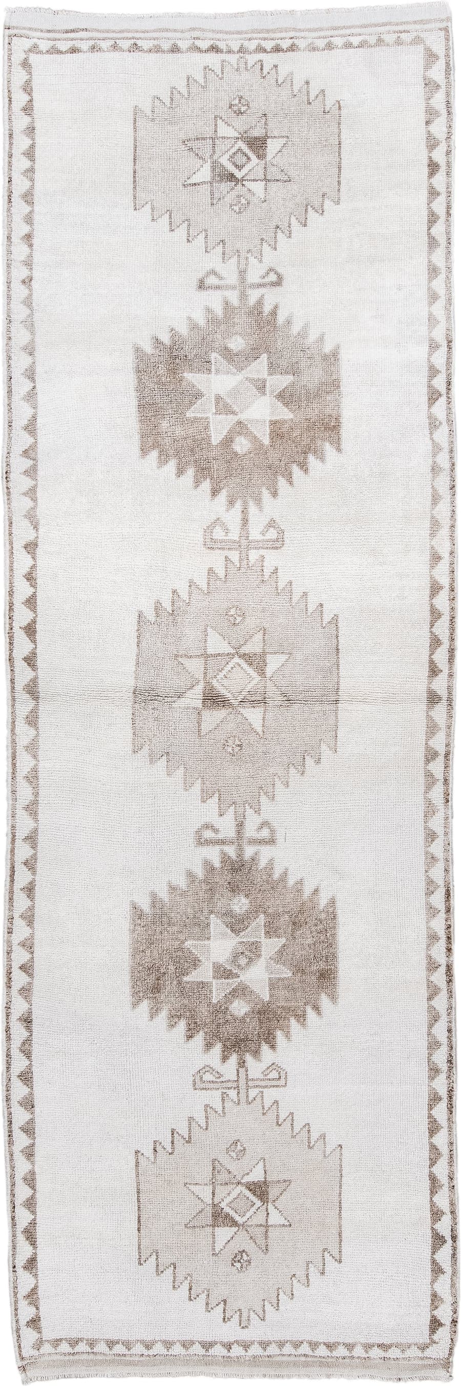 4' x 11' one-of-a-kind handmade vintage Kars runner rug. Color palette: ivory, taupe, beige, camel, gray