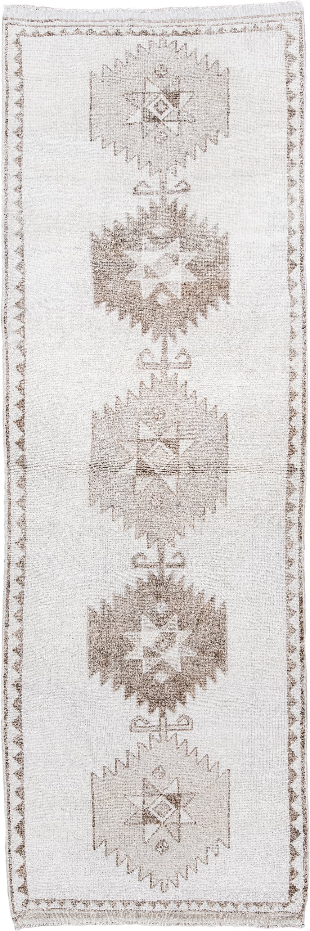 4' x 11' one-of-a-kind handmade vintage Kars runner rug. Color palette: ivory, taupe, beige, camel, gray