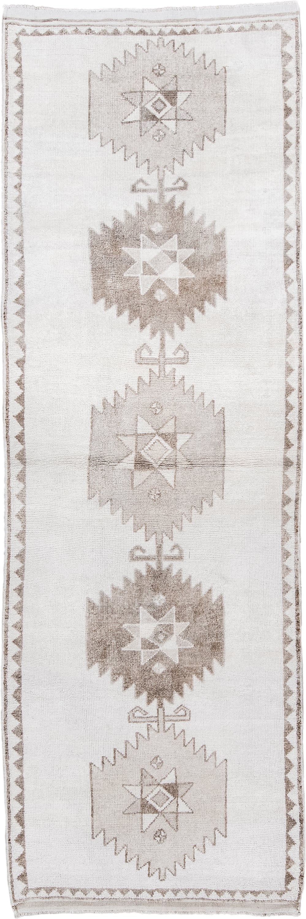 4' x 11' one-of-a-kind handmade vintage Kars runner rug. Color palette: ivory, taupe, beige, camel, gray