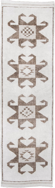3' x 11' one-of-a-kind handmade vintage Kars runner rug. Color palette: ivory, taupe, beige, gray