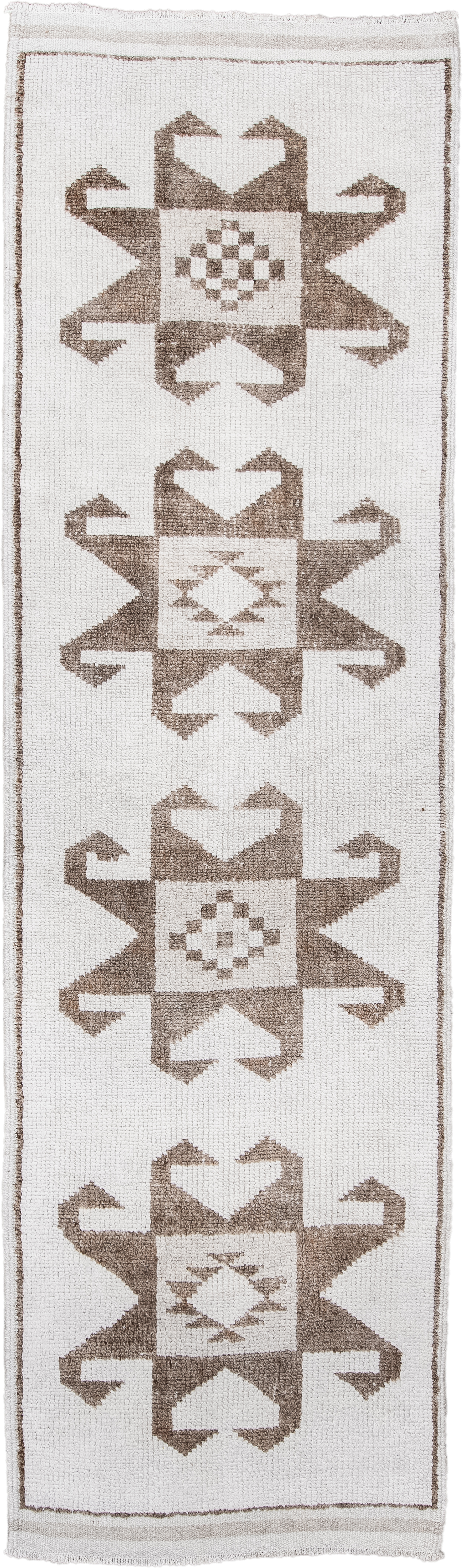 3' x 11' one-of-a-kind handmade vintage Kars runner rug. Color palette: ivory, taupe, beige, gray