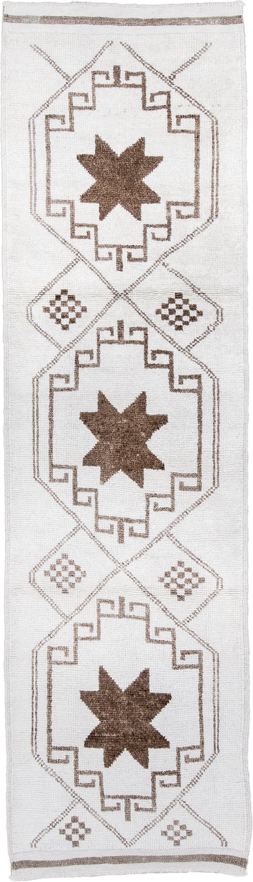 3' x 11' one-of-a-kind handmade vintage Kars runner rug. Color palette: ivory, taupe, brown, beige, gray