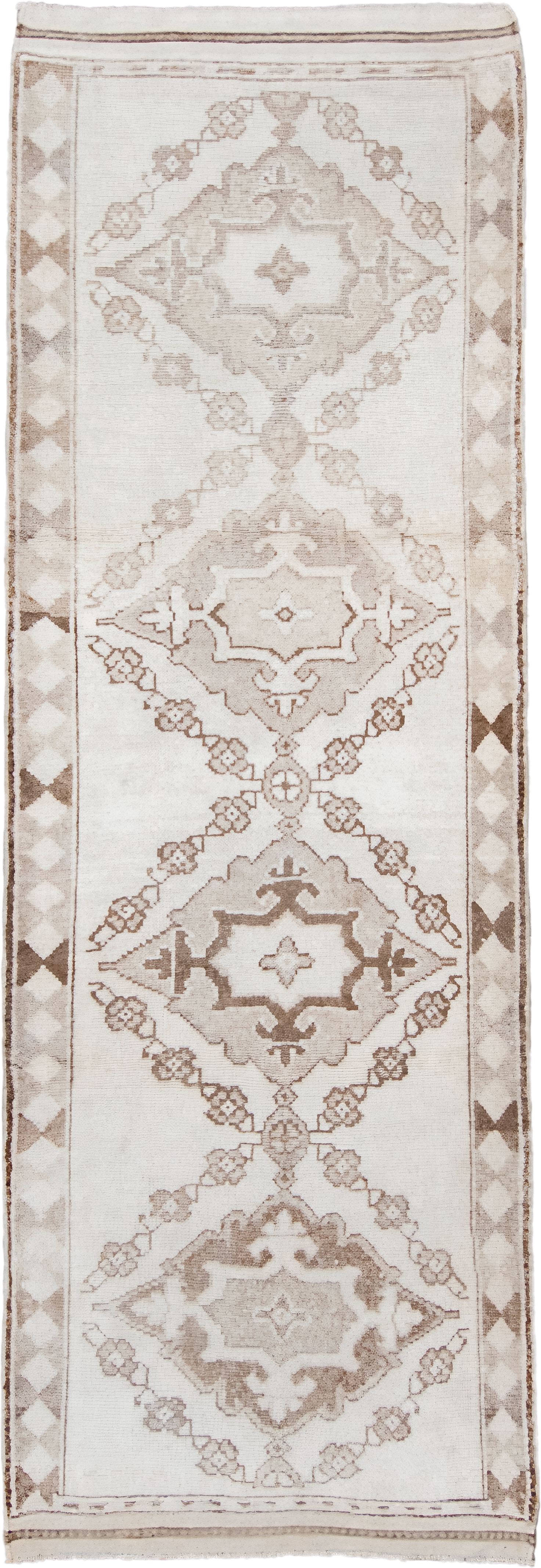 3' x 11' one-of-a-kind handmade vintage Kars runner rug. Color palette: ivory, taupe, camel, beige, brown, gray