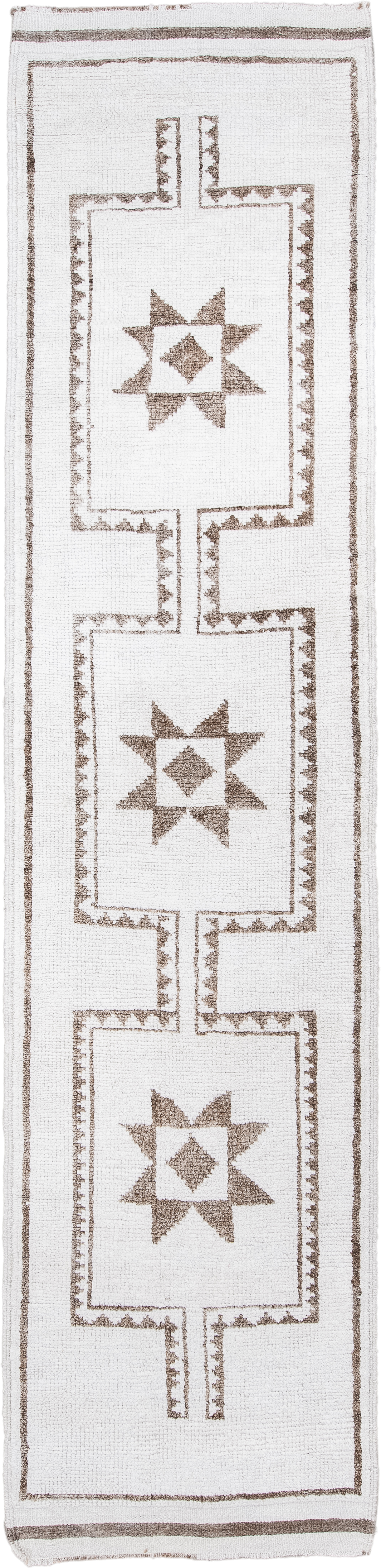 2' x 12' one-of-a-kind handmade vintage Kars runner rug. Color palette: ivory, taupe, beige, camel, gray