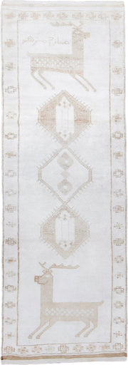 4' x 11' one-of-a-kind handmade vintage Kars runner rug. Color palette: ivory, beige, taupe, camel, gray