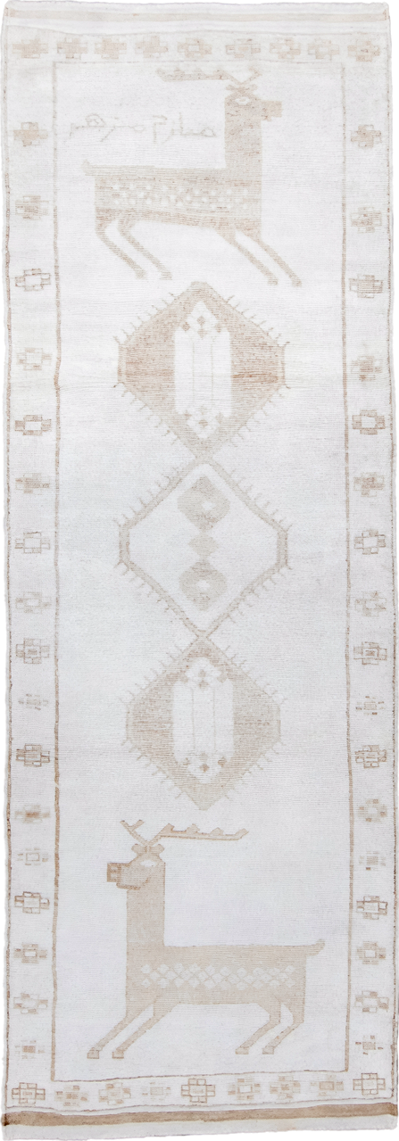 4' x 11' one-of-a-kind handmade vintage Kars runner rug. Color palette: ivory, beige, taupe, camel, gray
